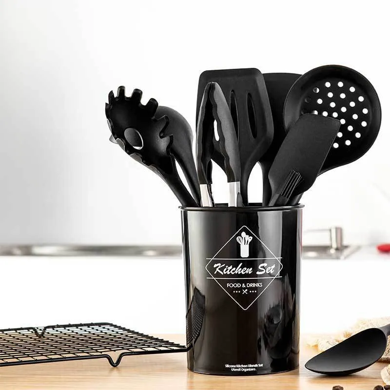 Silicone Kitchenware Utensils Set Black Non Stick... 