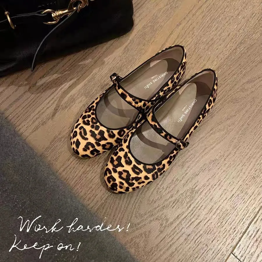 Cowhide Version ~ Leopard Print One-Strap Flat Mary Jane Women, Grandma Shoes, Ballet Shoes For Women Ddmysaturn_voghion.com