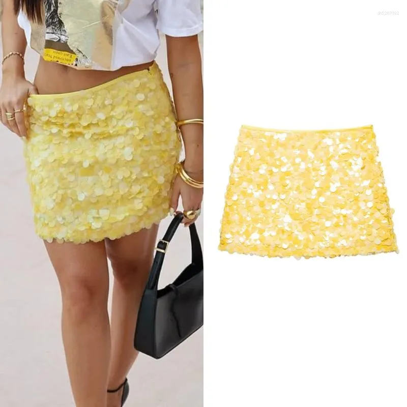 Yellow Sequin High Waist Mini Floral Skirts For Women For Women Elegant — free download