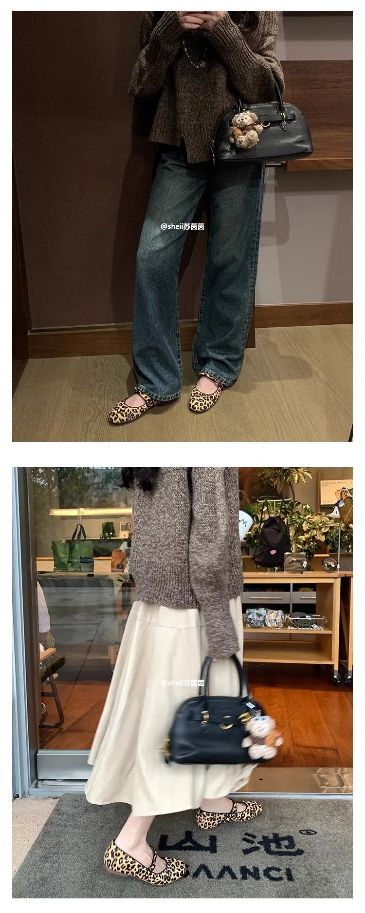 Cowhide Version ~ Leopard Print One-Strap Flat Mary Jane Women, Grandma Shoes, Ballet Shoes For Women Ddmysaturn_voghion.com