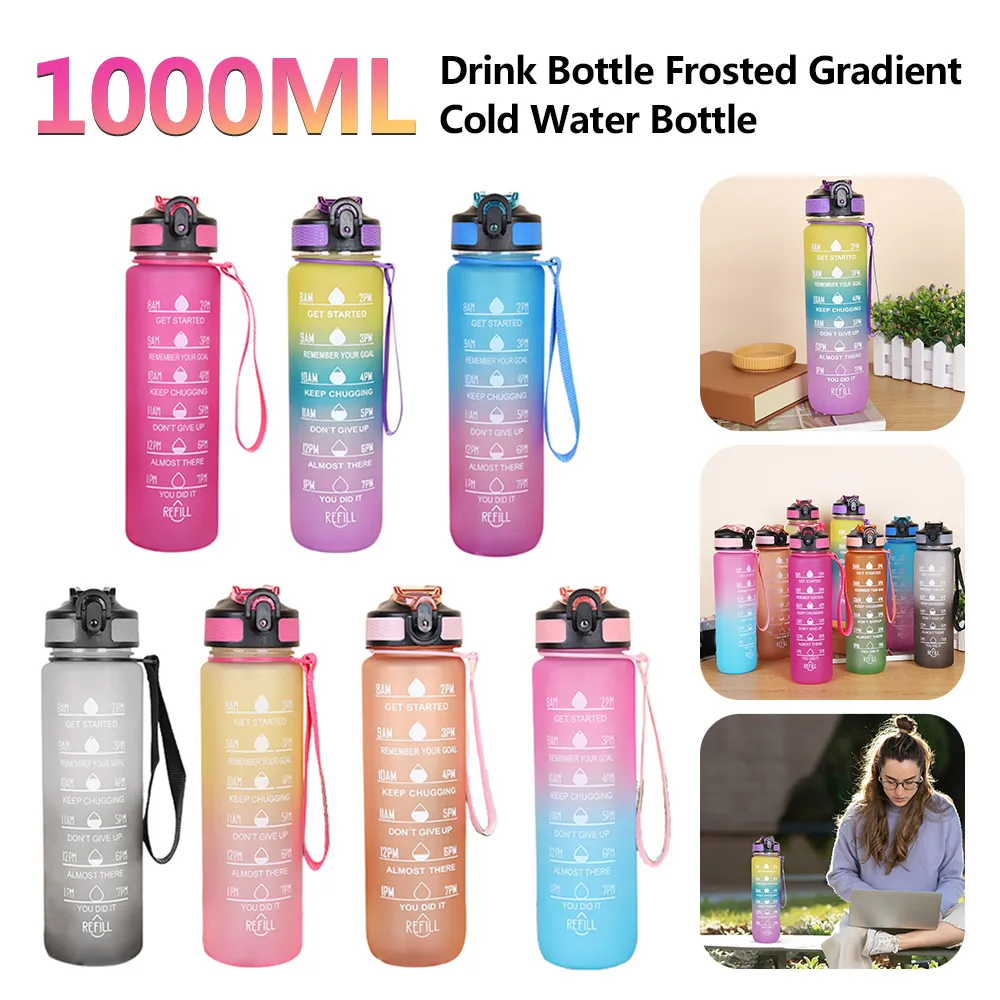 Gourde Sport 1L Avec Paille – Sans BPA, Poignée Et Marqueur Motivation – Rose