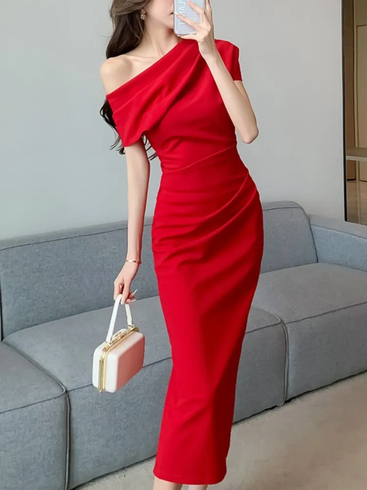 Korean Graduation One-Piece: Elegant Off-Shoulder petite midi evening dresses for Women - Slim Fit Solid Vestidos Korean Graduation One-Piece: Elegant Off-Shoulder petite midi evening dresses for Women - Slim Fit Solid Vestidos