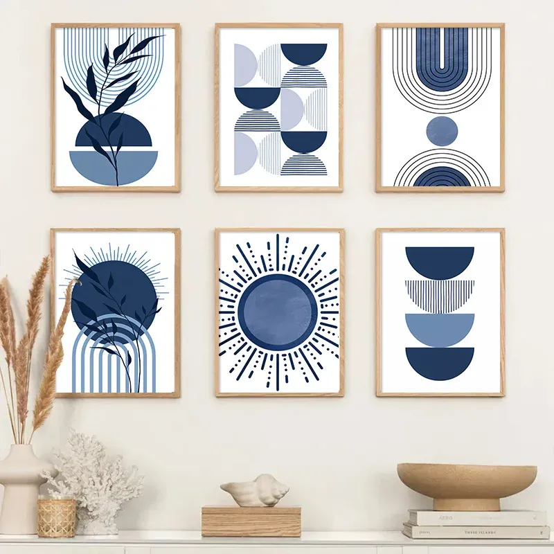 Boho Blue Abstract Wall Art Prints Modern Geometric Sun And Leaf Canvas ...