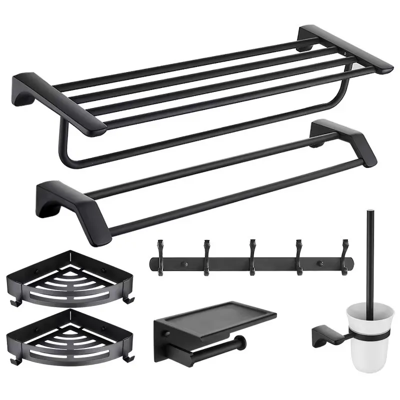 Black No Punch Bathroom Towel Rack Set Wall Mounted Towel Holder With ...