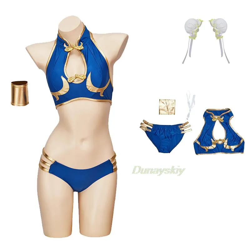Chun Li Cosplay Kostüm für Erwachsene Blau Cheongsam Halloween Party