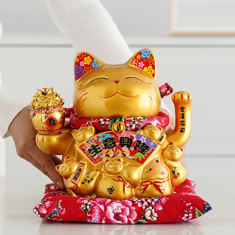 Chat porte-bonheur Maneki Neko en céramique dorée japonaise, fait main, personnalisé, vente en gros