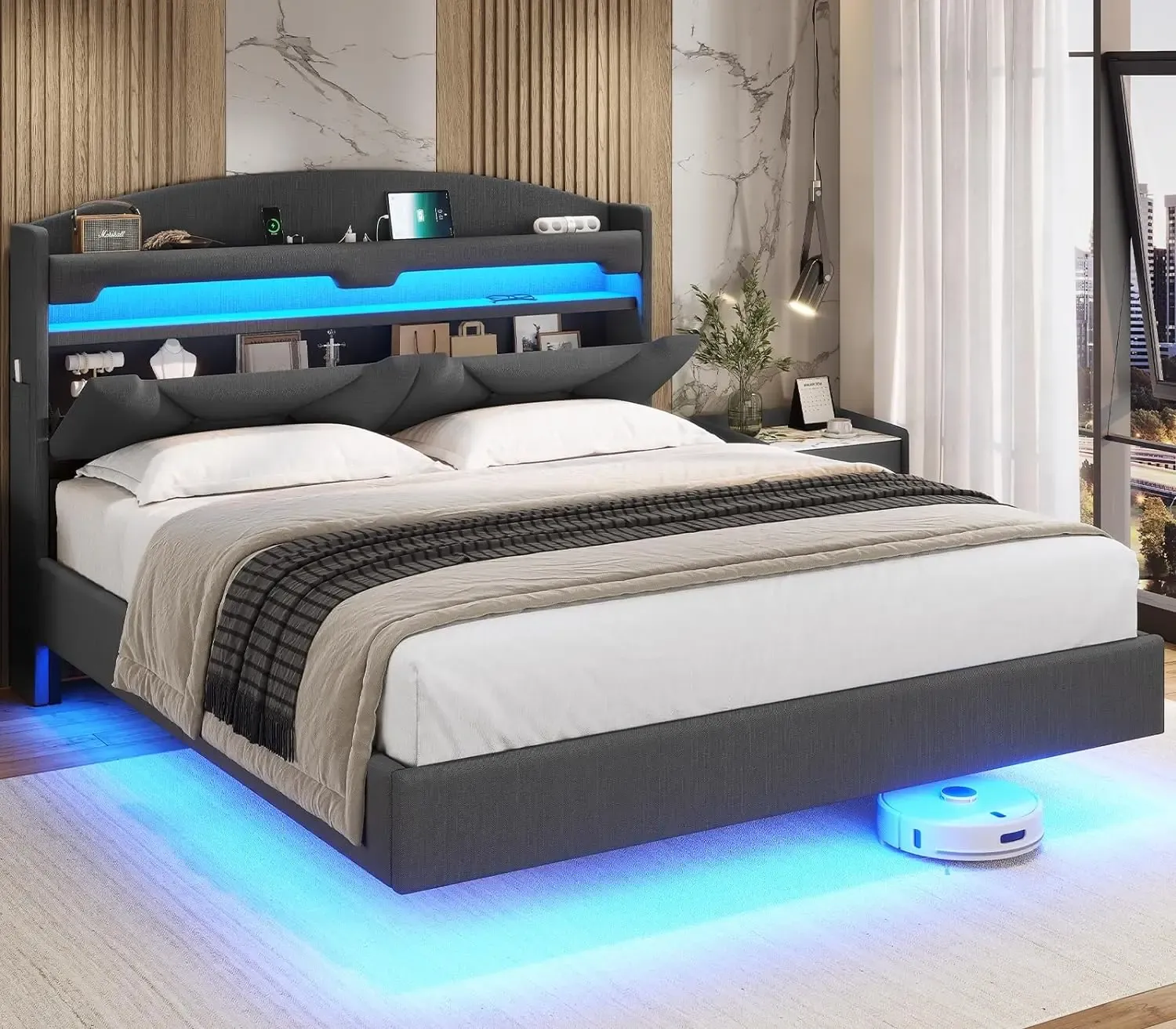 Marco De Cama Flotante Con Estación De Carga, Marco De Cama LED Con  Cabecera De Almacenamiento, Cama Tamaño Queen Con Plataforma Tapizada Y  Estantes De 326,6 € | DHgate, image size:1500x1313