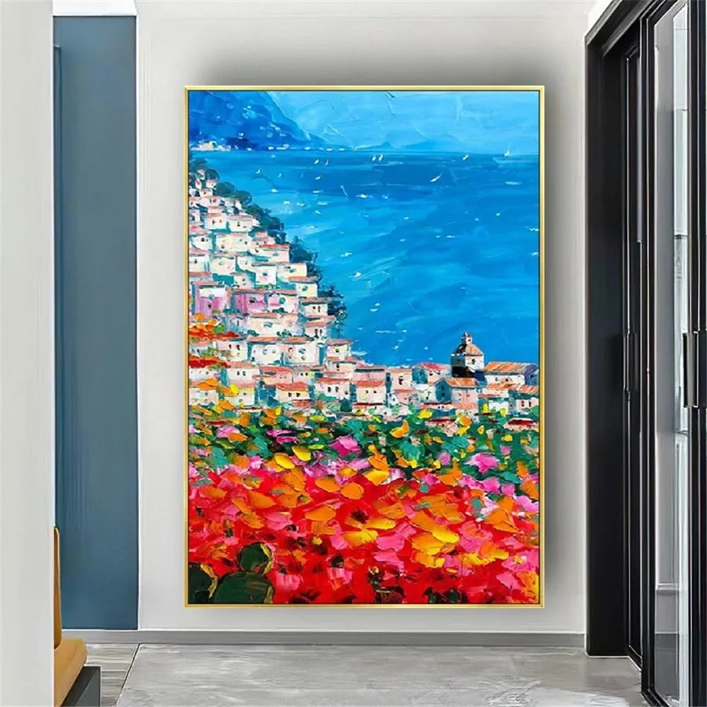 Hand Painted Mediterranean Seascape Oil Painting On Canvas Garden Wall ...