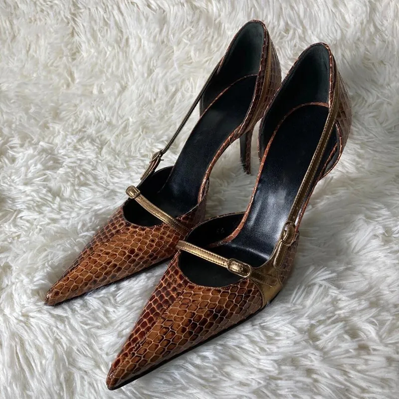 Niche Design Pointed Toe Stiletto Snake Skin Pattern High Heels For Women 2024 New Style Hot Girl Belt Buckle Hollow_voghion.com