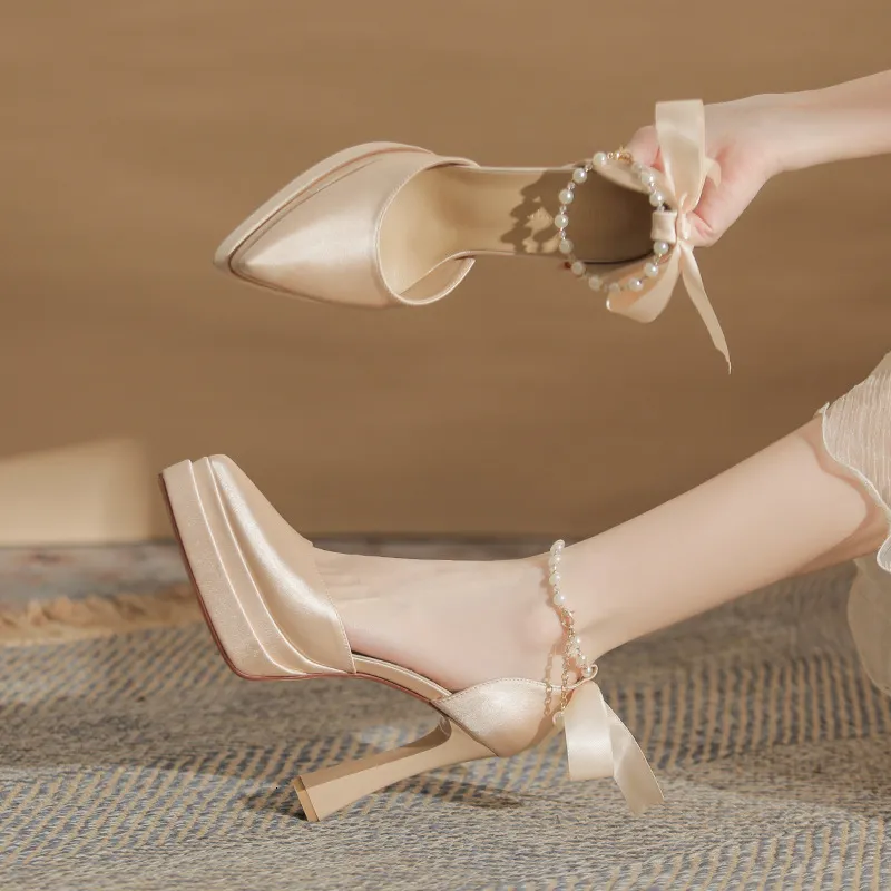 Jingang M11503 Pointed Toe Chunky Hollow Double Layer Waterproof Platform Super High Heel Single For Women 2024 Wedding_voghion.com