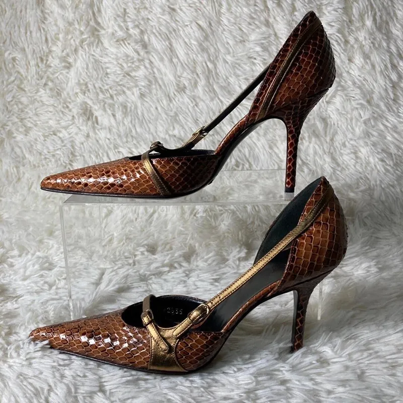 Niche Design Pointed Toe Stiletto Snake Skin Pattern High Heels For Women 2024 New Style Hot Girl Belt Buckle Hollow_voghion.com