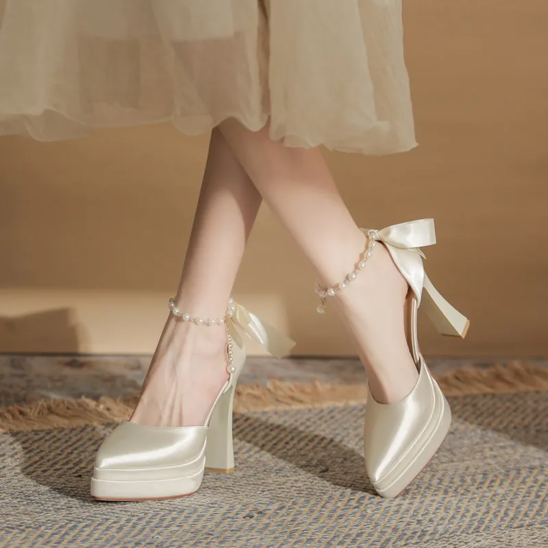 Jingang M11503 Pointed Toe Chunky Hollow Double Layer Waterproof Platform Super High Heel Single For Women 2024 Wedding_voghion.com