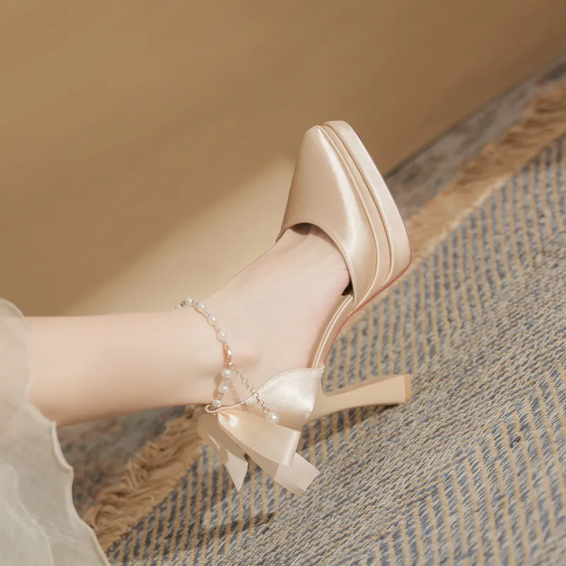 Jingang M11503 Pointed Toe Chunky Hollow Double Layer Waterproof Platform Super High Heel Single For Women 2024 Wedding_voghion.com