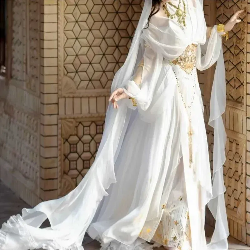 Greek Style Exotic Western Dancer White Elf Saint Halter Kaftan Dress with Flowing Princess Design - Hot Stamping Lolita Daydreamer Set