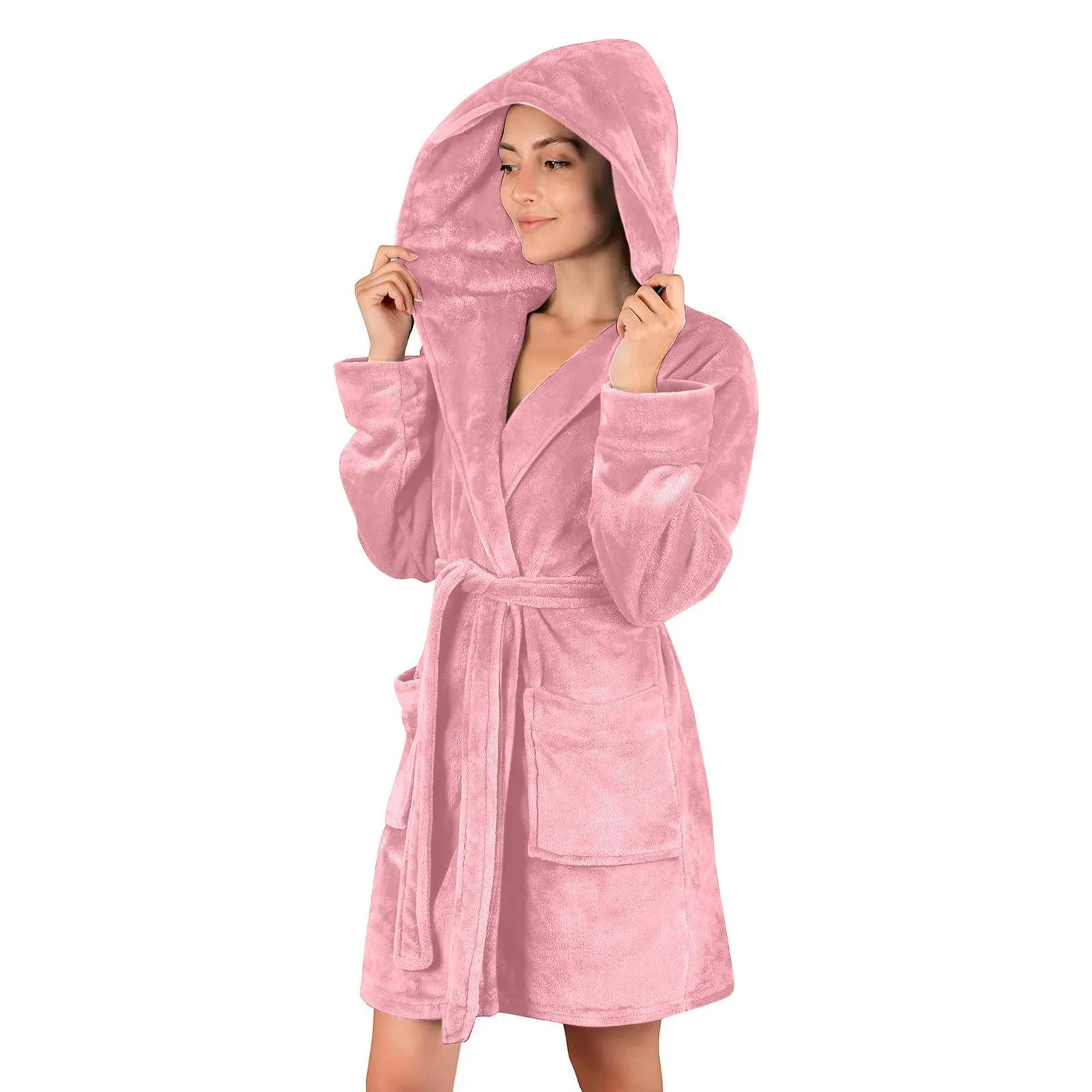 Solid Cotton Hooded Shower Kimono Robes For Women Long Sleeve Bathrobe ...