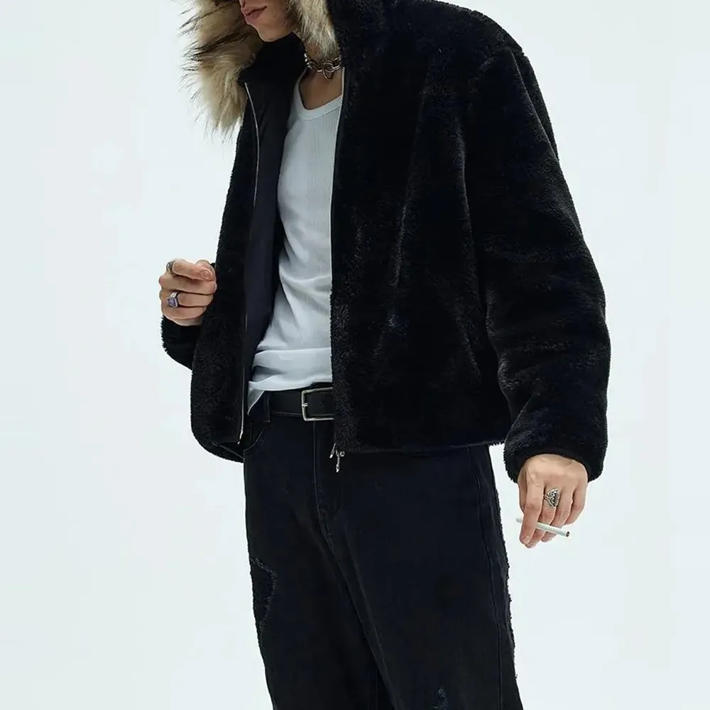 Mens Y2K Fur Hood Jacket, Thick Warm Casual Coat | DHgate