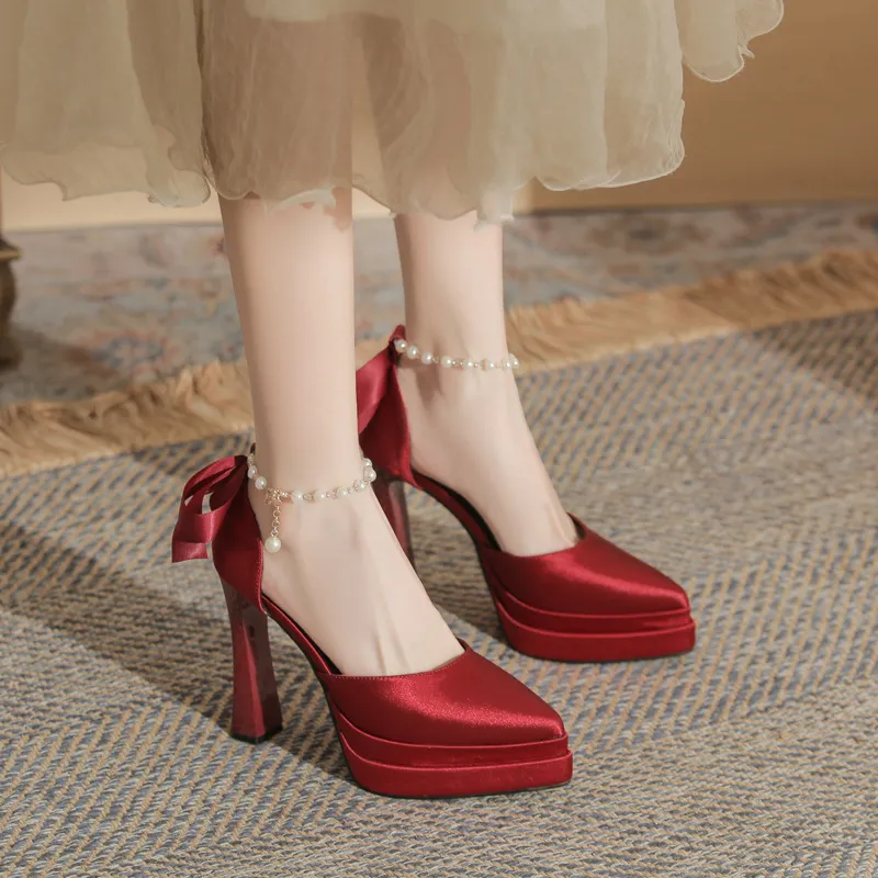 Jingang M11503 Pointed Toe Chunky Hollow Double Layer Waterproof Platform Super High Heel Single For Women 2024 Wedding_voghion.com