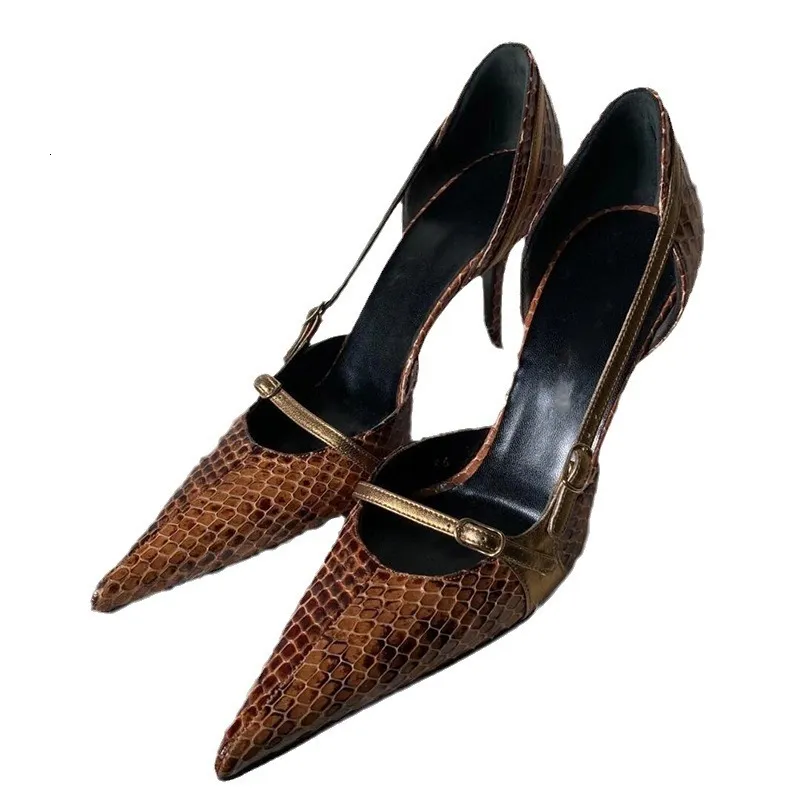 Niche Design Pointed Toe Stiletto Snake Skin Pattern High Heels For Women 2024 New Style Hot Girl Belt Buckle Hollow_voghion.com