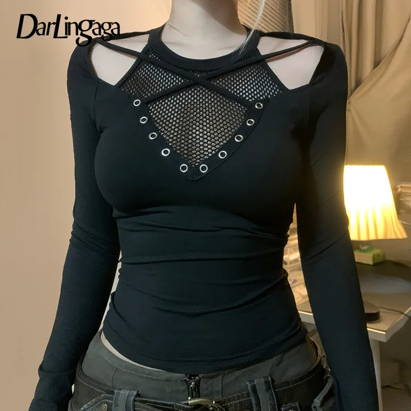 Darlingaga Gothic Fishnet Patchwork T Shirts For Women Skinny Hollow ...