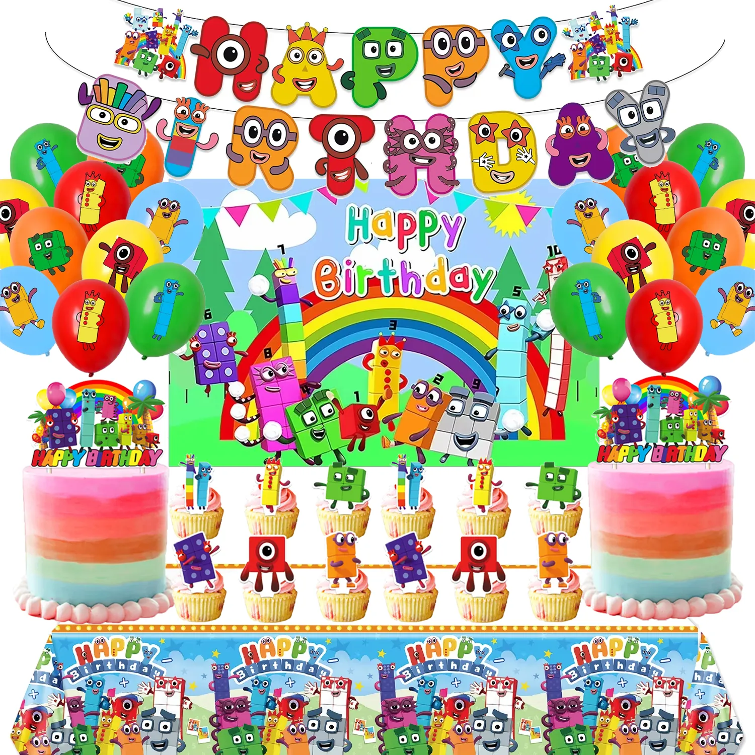 Number Blocks Party Decorations Set Plates, Cups, Tablecloth, Cake ...