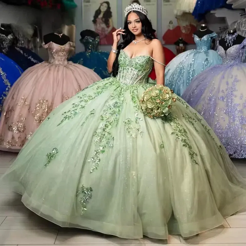 Elegant Ball Gown Sweetheart Neck Detachable Long Sleeves Lace Appliques Feather Bow Knot Sage Green Tulle Quinceanera Dress Evening Party Gown for Elegant Ball Gown Sweetheart Neck Detachable Long Sleeves Lace Appliques Feather Bow Knot Sage Green Tulle Quinceanera Dress Evening Party Gown for
