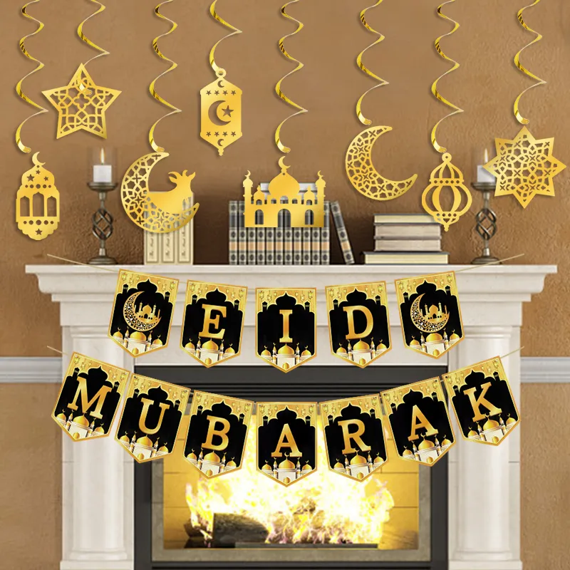 Eid Mubarak Paper Banner Garland 2025 Ramadan Moon Star Mosque Hanging ...