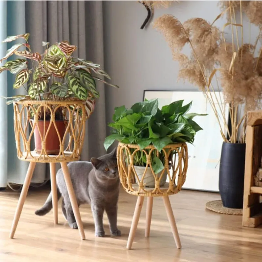 Supporto Per Piante In Rattan E Legno Con Gambe Triangolari, Vaso In Tessuto Naturale Per Decorazione Giardino E Interni - 4