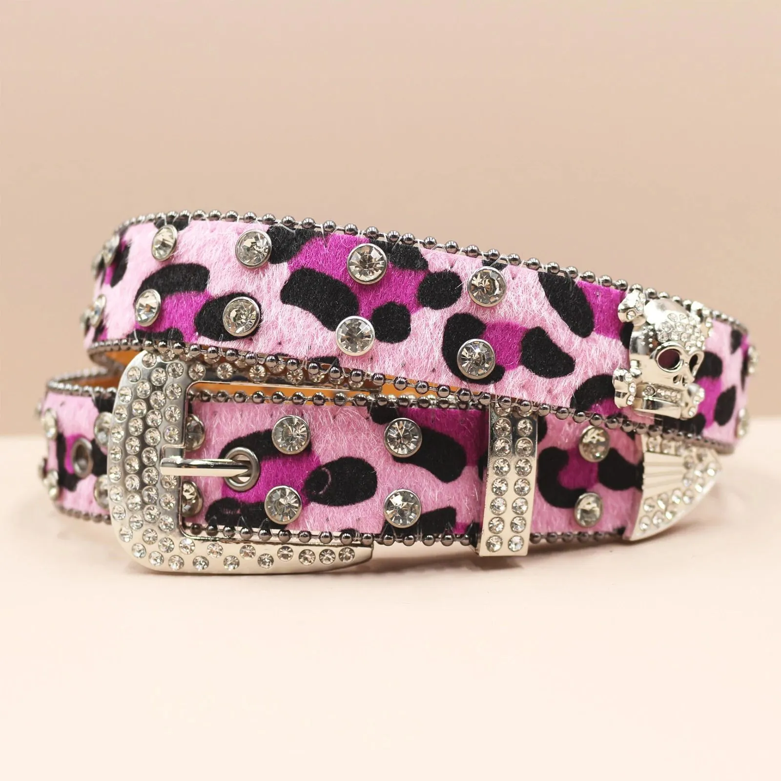 Leopard Western Belt With Diamond Buckle And Rivets For Unisex_voghion.com