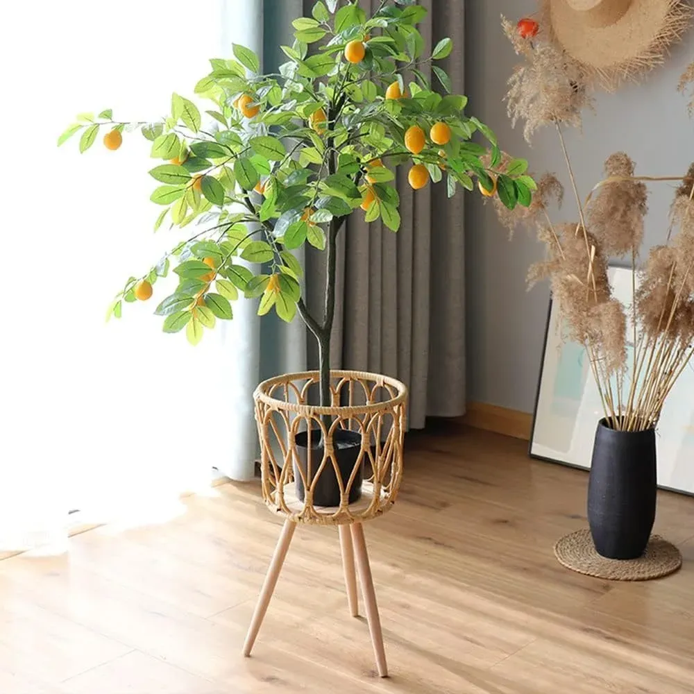 Supporto Per Piante In Rattan E Legno Con Gambe Triangolari, Vaso In Tessuto Naturale Per Decorazione Giardino E Interni - 6