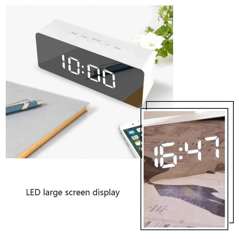 Mirror LED Electronic Clock Digital Alarm Clock, Large Display Night ...
