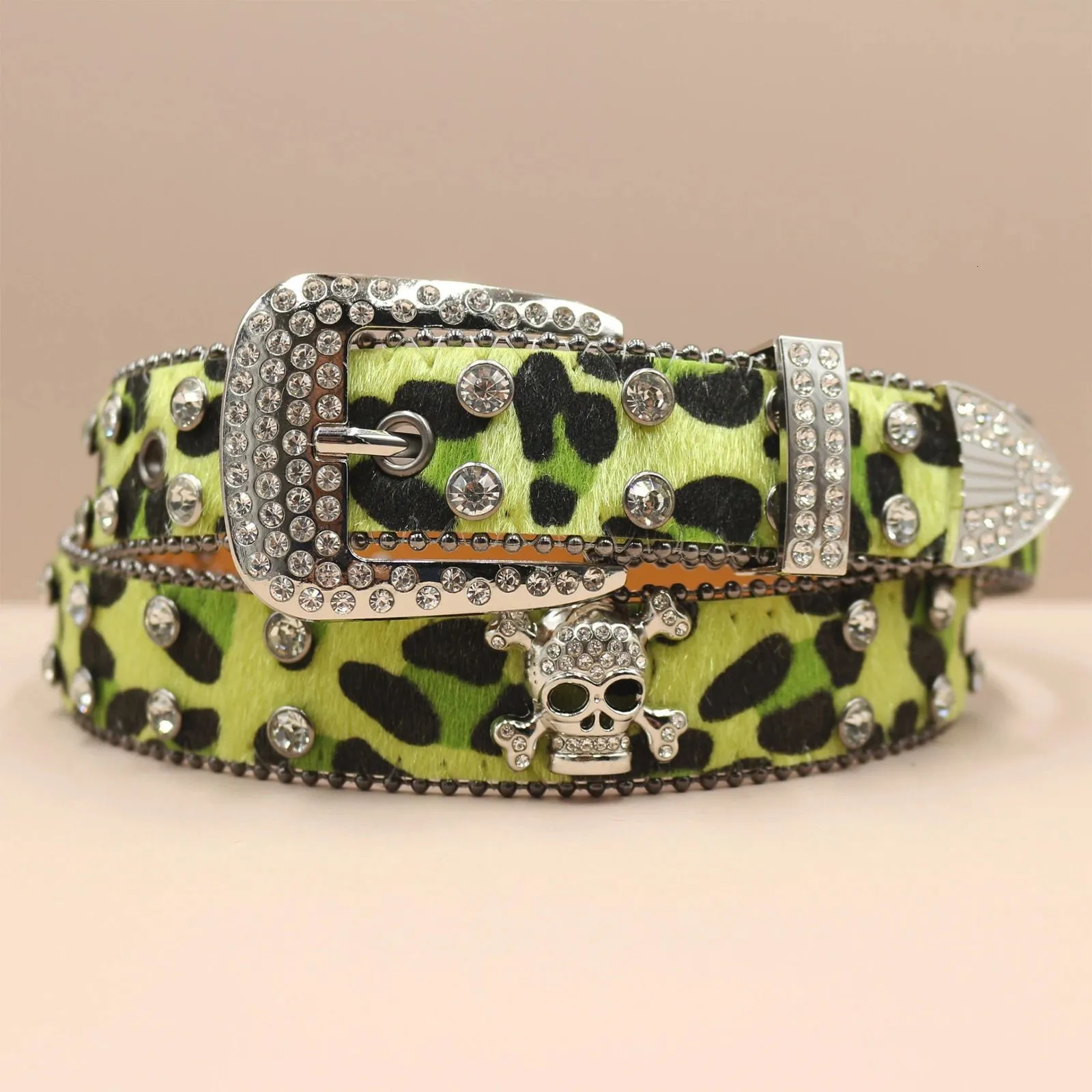 Leopard Western Belt With Diamond Buckle And Rivets For Unisex_voghion.com