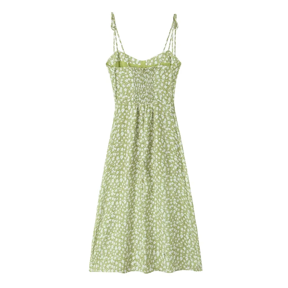 2024 French Style Retro Green With White Sun flower Print Bow Lacing Up Sling Midi Dress Sexy Women Hem Slit Robe Femme Vestido