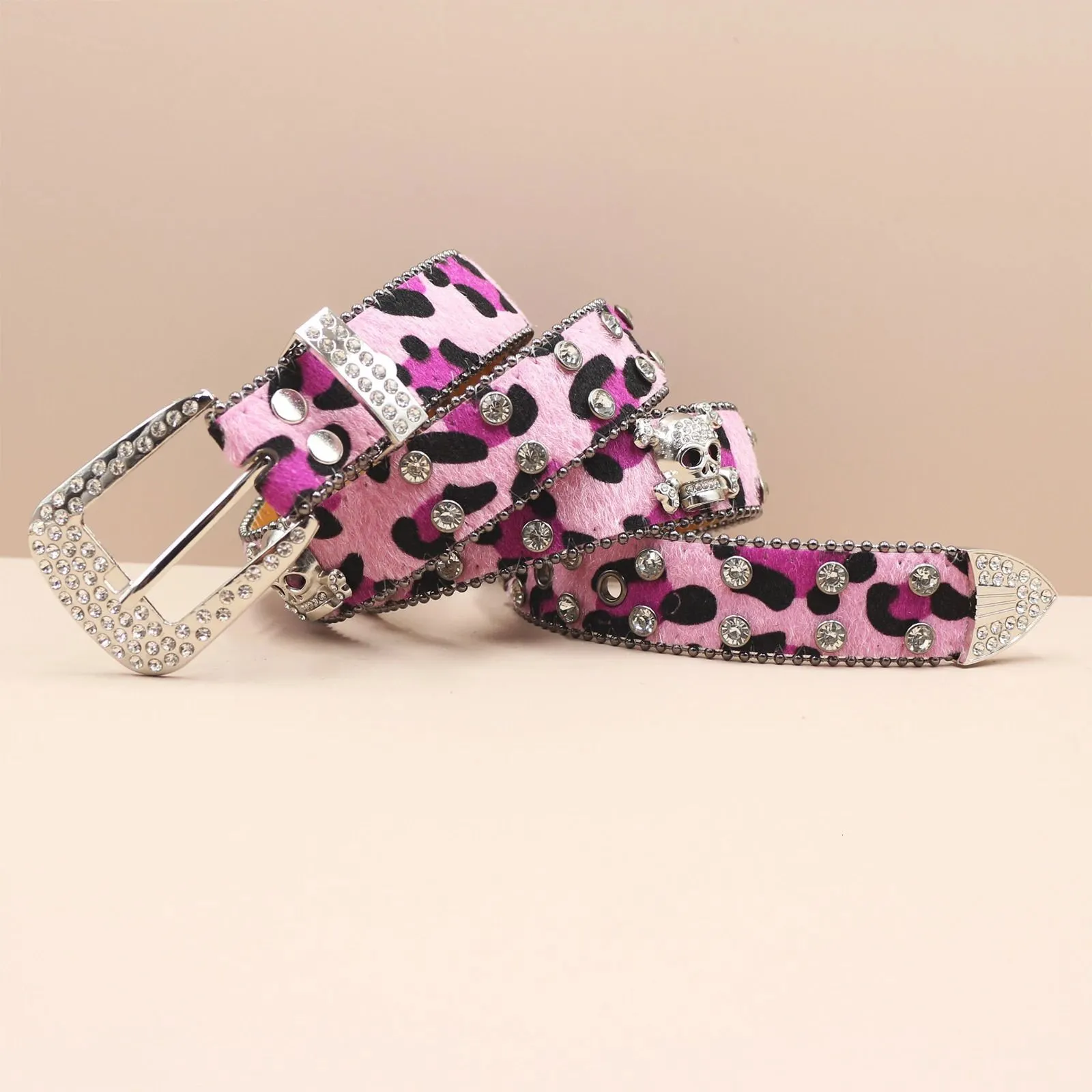 Leopard Western Belt With Diamond Buckle And Rivets For Unisex_voghion.com