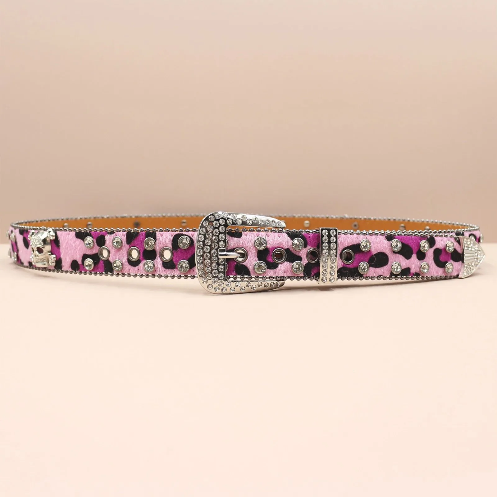 Leopard Western Belt With Diamond Buckle And Rivets For Unisex_voghion.com