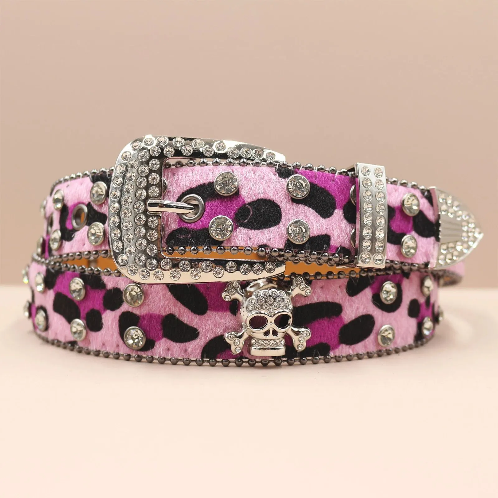 Leopard Western Belt With Diamond Buckle And Rivets For Unisex_voghion.com
