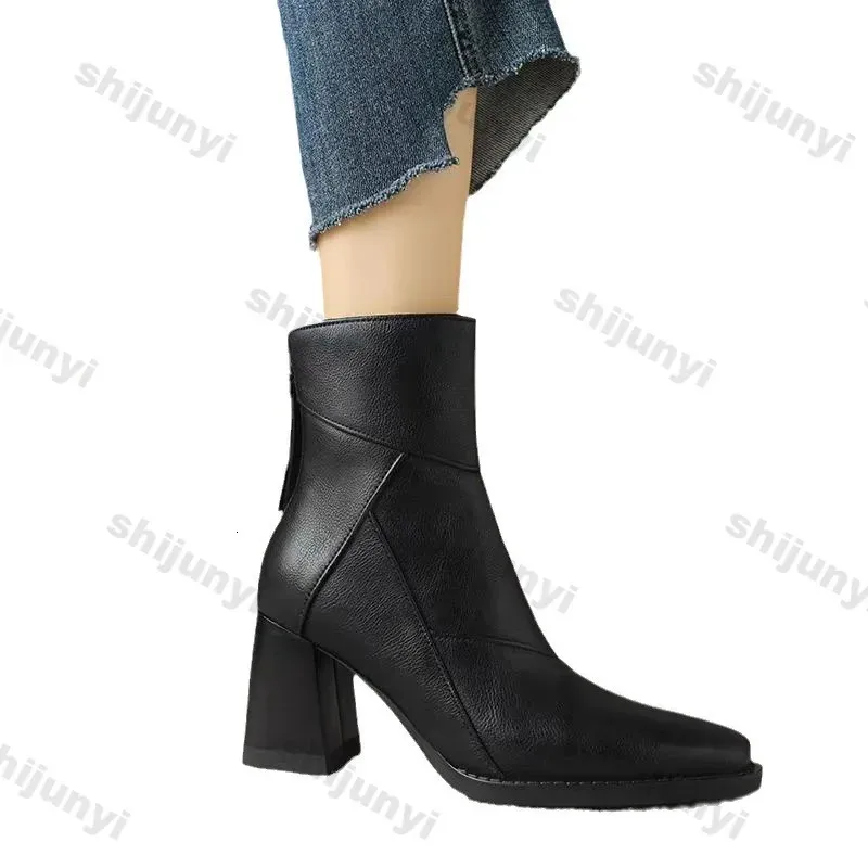 Woman Chunky Ankle Boots Women Zipper Retro Brown Soft Leather Short Boot Autumn Square Toe Casual High Heel Booties_voghion.com