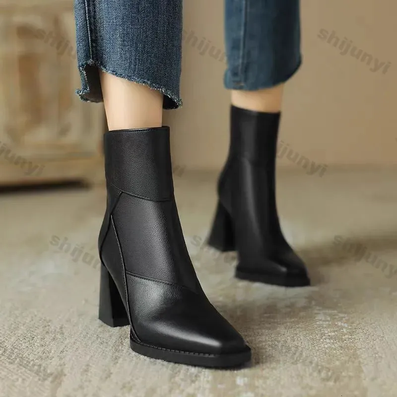 Woman Chunky Ankle Boots Women Zipper Retro Brown Soft Leather Short Boot Autumn Square Toe Casual High Heel Booties_voghion.com