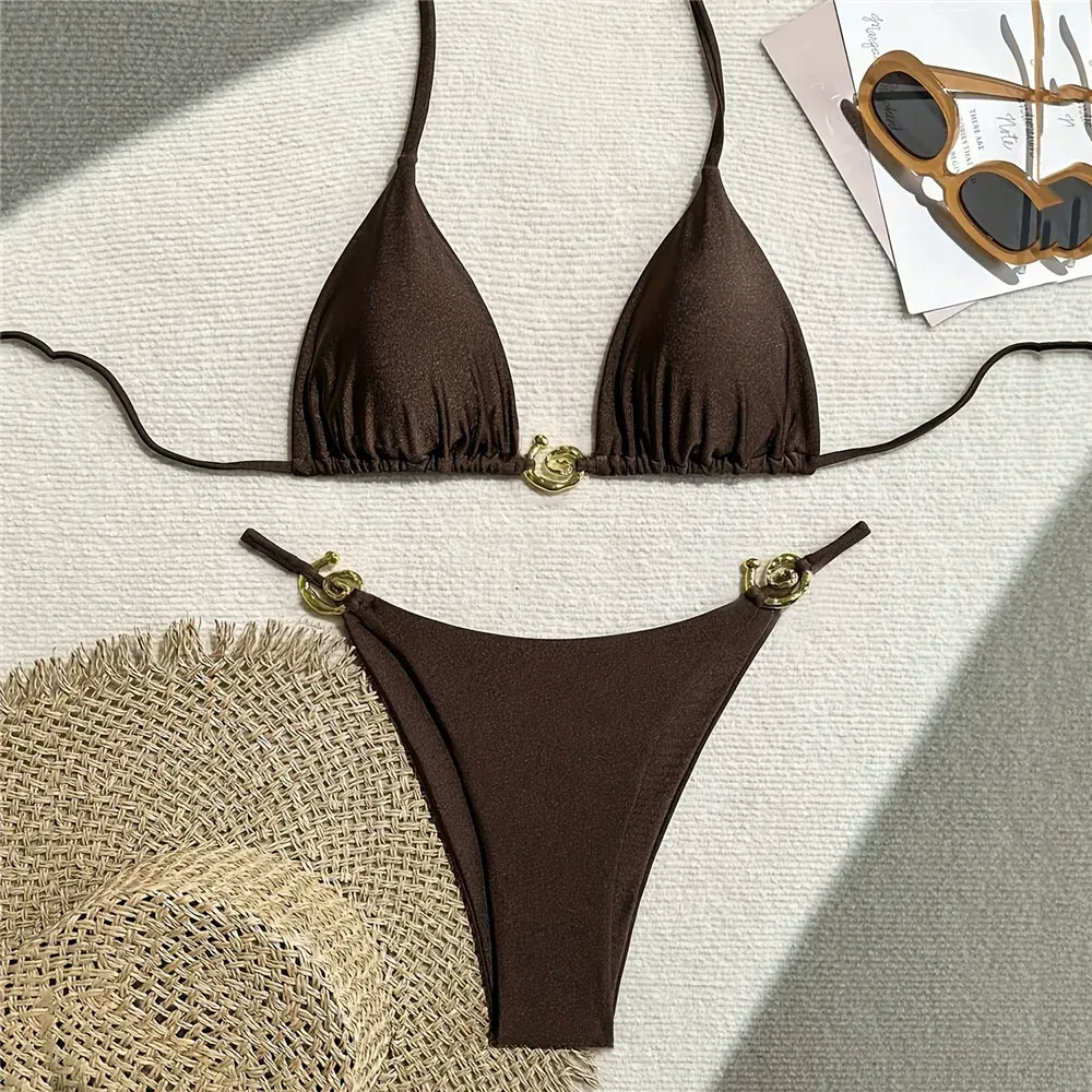 Dark Brown Nylon Micro String Halter Thong Bikini Set with Metal Rings ...