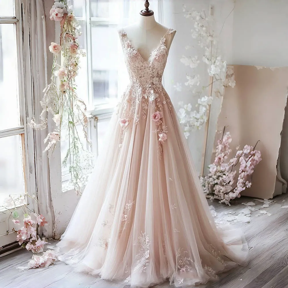 blush pink bridal dress Light for Wedding and court train for a romantic bridal look. Blush Pink Tulle Lace Applique