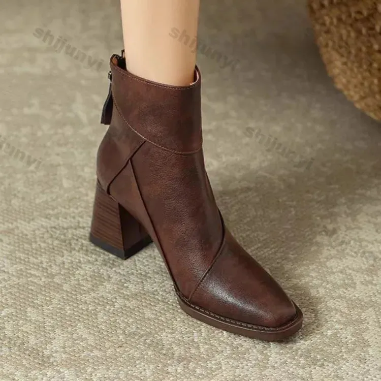 Woman Chunky Ankle Boots Women Zipper Retro Brown Soft Leather Short Boot Autumn Square Toe Casual High Heel Booties_voghion.com