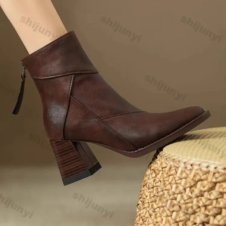 Woman Chunky Ankle Boots Women Zipper Retro Brown Soft Leather Short Boot Autumn Square Toe Casual High Heel Booties_voghion.com
