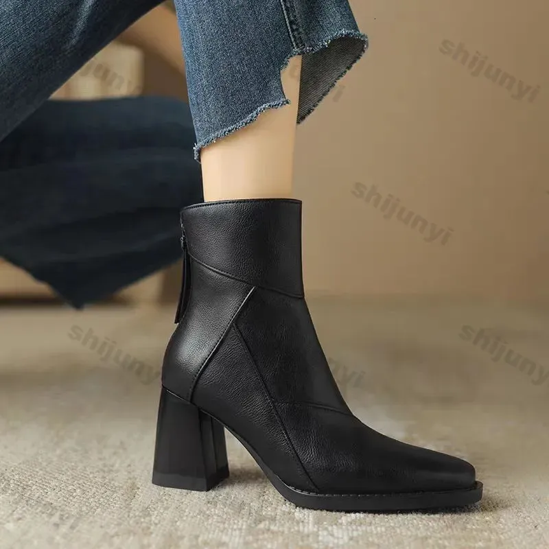 Woman Chunky Ankle Boots Women Zipper Retro Brown Soft Leather Short Boot Autumn Square Toe Casual High Heel Booties_voghion.com