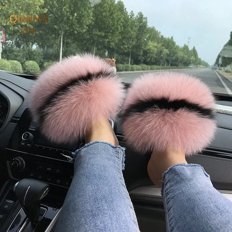Fox Fur Fluffy Flip Flop Slippers Furry Slippers Women Real Fox