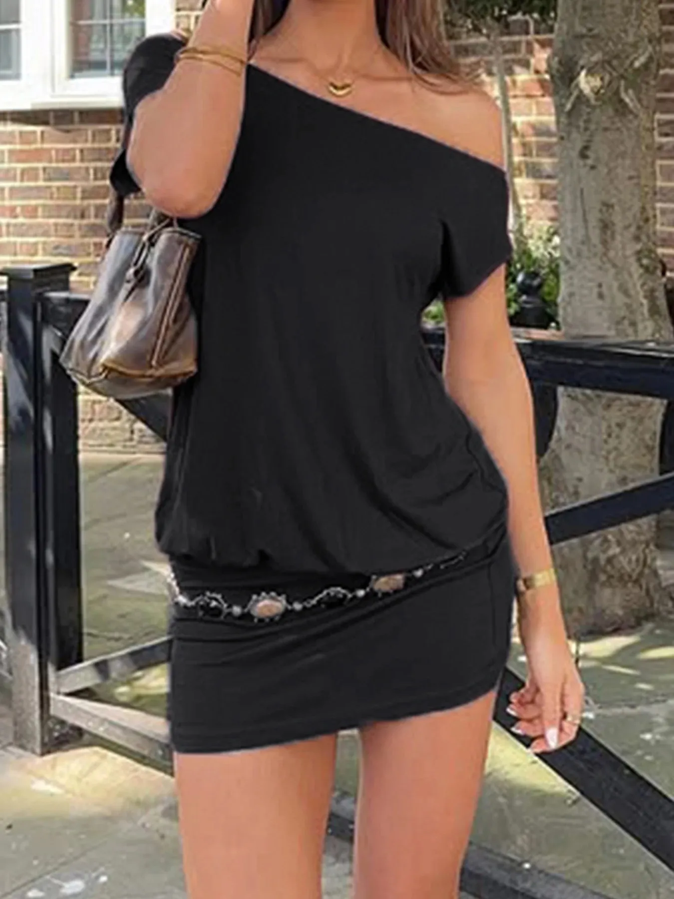 open lace back dress One Shoulder Ruched Mesh Asymmetrical Hem Bodycon Dress – Parthea Fashion main image 1