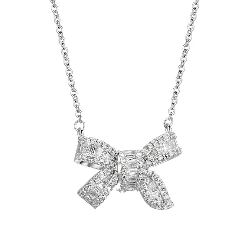 Glamorous Silver Toned Bow Necklace Adorned With Baguette And Round Crystal Sparkle Luxe Style For Special Moments High_voghion.com