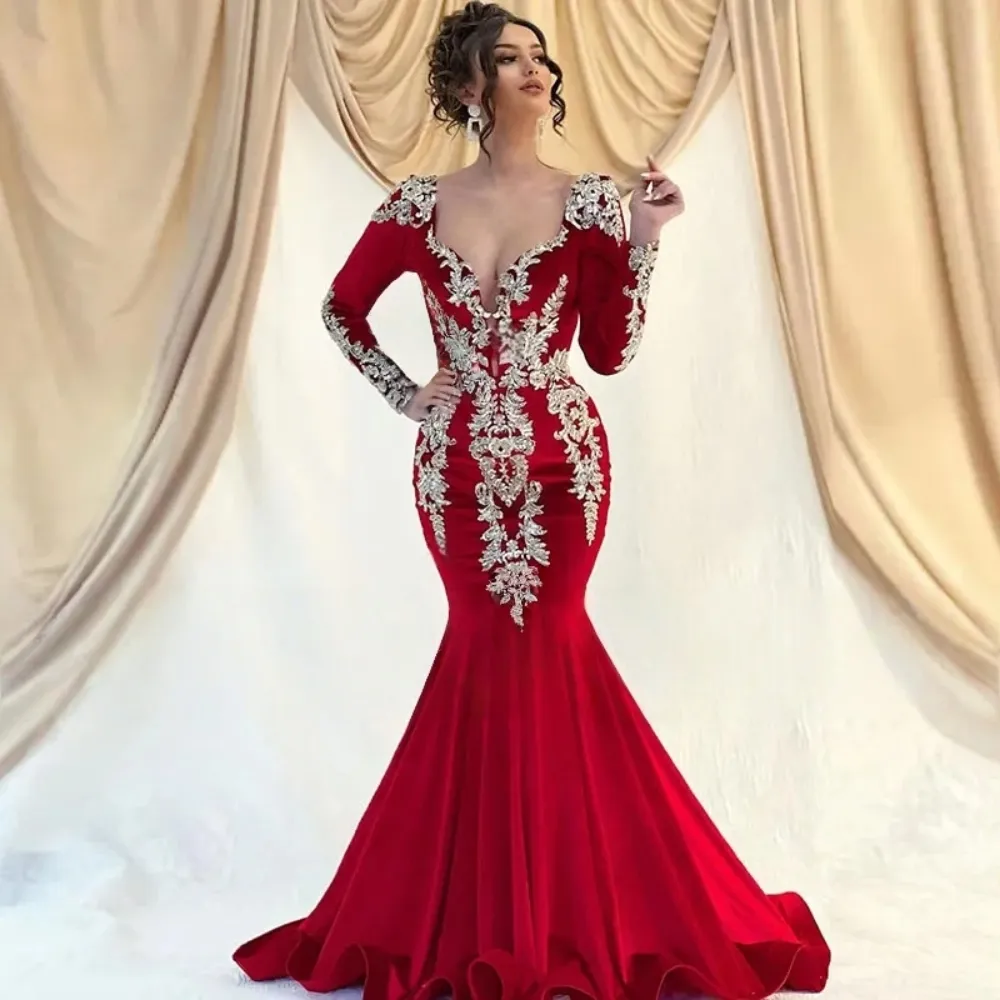 Elegant Red Velvet Mermaid Prom Dress with Gold Lace Appliques Floor-Length  Long Sleeves Evening Gown from Dhgate Prom Dresses - price 149.55