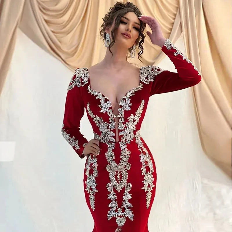 green emerald velvet dress Long Sleeves One Shoulder Gold Appliques Burgundy Prom Dresses