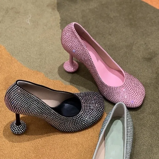 Cowhide Version ~ MiMi Same Style Full Dia High Heels Women Thin Heel Round Toe Shallow Mouth Single Slimming Women's_voghion.com