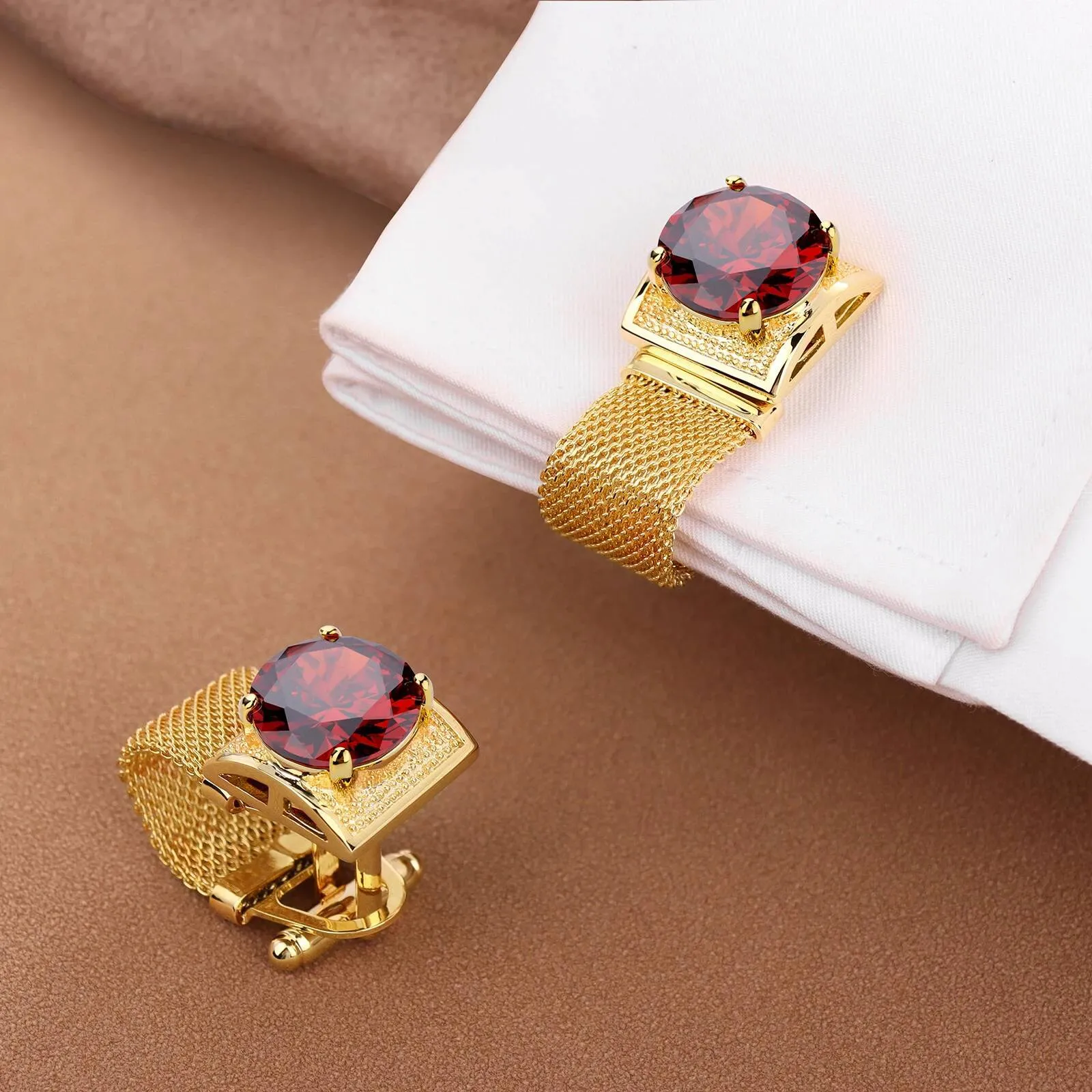 Boutons De Manchette Vintage Ton Or Et Strass Rouges - Modèle BX-B 17, Occasion