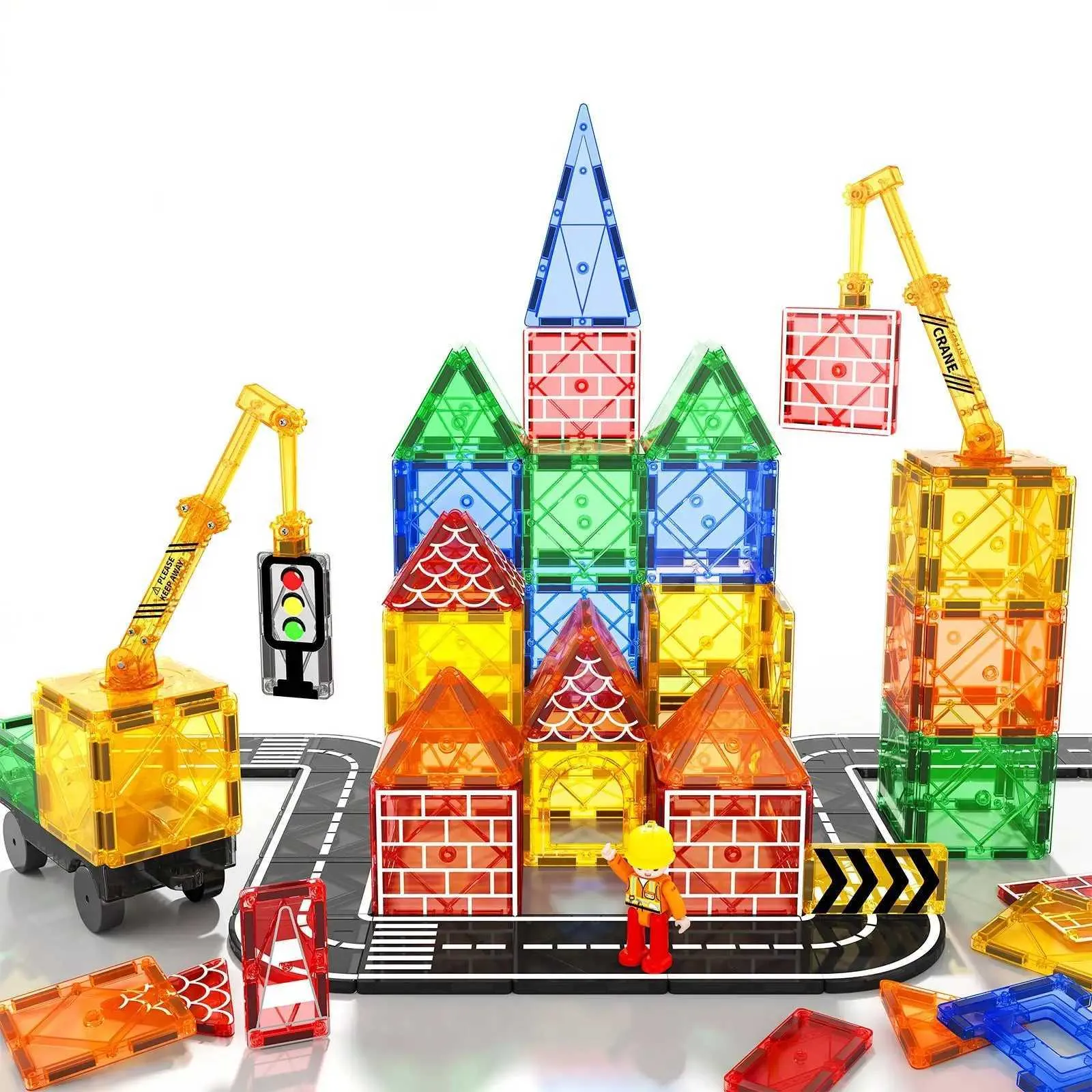 Magnetic Tiles Road Set With Crane Car Creative Construction Toys For ...